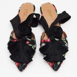Pre Owned Aquazzura Multicolor Floral Print Fabric Tassel Ankle Wrap Flat Sandals Size 36