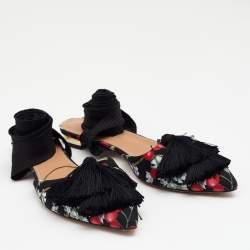 Pre Owned Aquazzura Multicolor Floral Print Fabric Tassel Ankle Wrap Flat Sandals Size 36