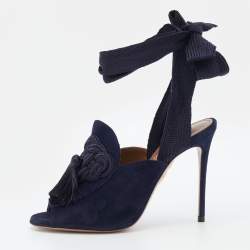 Pre Owned Aquazzura Navy Blue Suede Tassel Ankle Wrap Sandals Size 36