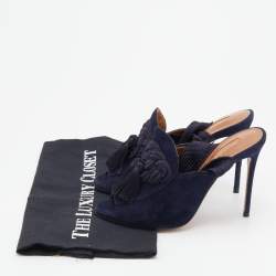Pre Owned Aquazzura Navy Blue Suede Tassel Ankle Wrap Sandals Size 36