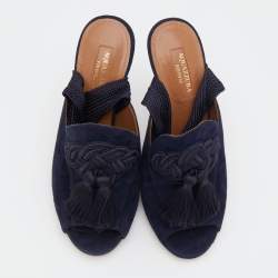 Pre Owned Aquazzura Navy Blue Suede Tassel Ankle Wrap Sandals Size 36