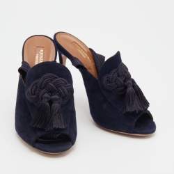Pre Owned Aquazzura Navy Blue Suede Tassel Ankle Wrap Sandals Size 36