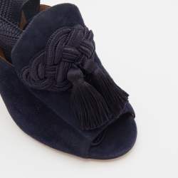 Pre Owned Aquazzura Navy Blue Suede Tassel Ankle Wrap Sandals Size 36