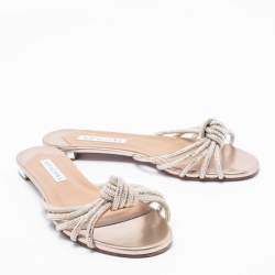 Pre Owned صندل فلات أكوازورا سيليست سويدي ميتالك فضي/بيج مزخرف كريستال مقاس 38.5