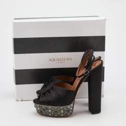 Pre Owned Aquazzura Black Satin Party Plateau Embellished Platform Ankle Strap Sandals Size 41