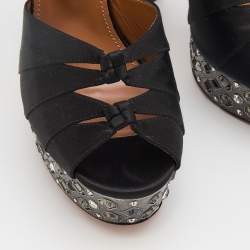 Pre Owned Aquazzura Black Satin Party Plateau Embellished Platform Ankle Strap Sandals Size 41