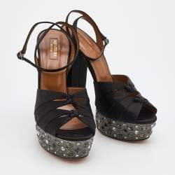 Pre Owned Aquazzura Black Satin Party Plateau Embellished Platform Ankle Strap Sandals Size 41