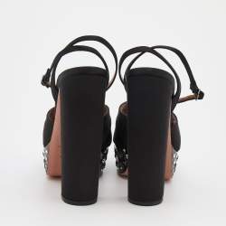 Pre Owned Aquazzura Black Satin Party Plateau Embellished Platform Ankle Strap Sandals Size 41