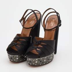 Pre Owned Aquazzura Black Satin Party Plateau Embellished Platform Ankle Strap Sandals Size 41