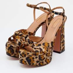 Pre Owned Aquazzura Caramel Leopard Print Jacquard Fabric Baba Plateau Platform Ankle Strap Sandals Size 36