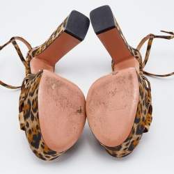 Pre Owned Aquazzura Caramel Leopard Print Jacquard Fabric Baba Plateau Platform Ankle Strap Sandals Size 36