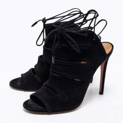 Aquazzura Black Suede Sloane Cut Out Tie Up Sandals Size 38