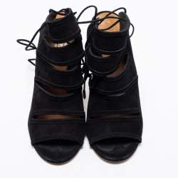 Aquazzura Black Suede Sloane Cut Out Tie Up Sandals Size 38