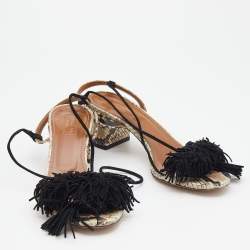 مملوكة مسبقًا صندل أكوازورا وايلد ثينج سويدي بشراشيب وجلد ثعبان أسود/بيج بحزام للكاحل مقاس 37