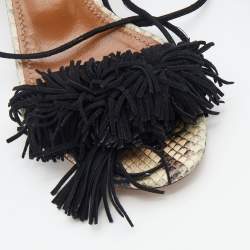 مملوكة مسبقًا صندل أكوازورا وايلد ثينج سويدي بشراشيب وجلد ثعبان أسود/بيج بحزام للكاحل مقاس 37