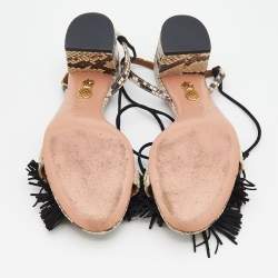 مملوكة مسبقًا صندل أكوازورا وايلد ثينج سويدي بشراشيب وجلد ثعبان أسود/بيج بحزام للكاحل مقاس 37