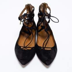 Pre Owned Aquazzura Black Suede Dancer Lace-Up Ballet Flats Size 38