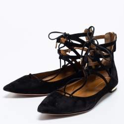 Pre Owned Aquazzura Black Suede Dancer Lace-Up Ballet Flats Size 38