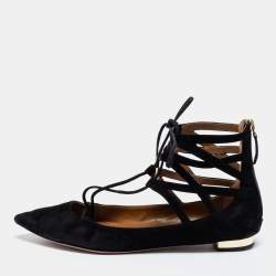 Pre Owned Aquazzura Black Suede Dancer Lace-Up Ballet Flats Size 38