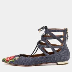 Aquazzura Blue Floral Embroidered Denim Christy Flat Sandals Size 38