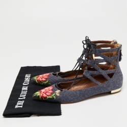 Aquazzura Blue Floral Embroidered Denim Christy Flat Sandals Size 38