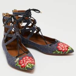 Aquazzura Blue Floral Embroidered Denim Christy Flat Sandals Size 38