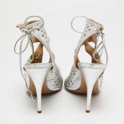 Pre Owned Aquazzura Silver Leather Laser Cut Sexy Thing Ankle Tie Sandals Size 39