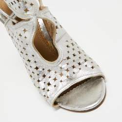 Pre Owned Aquazzura Silver Leather Laser Cut Sexy Thing Ankle Tie Sandals Size 39