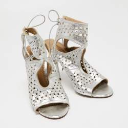 Pre Owned Aquazzura Silver Leather Laser Cut Sexy Thing Ankle Tie Sandals Size 39