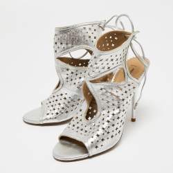 Pre Owned Aquazzura Silver Leather Laser Cut Sexy Thing Ankle Tie Sandals Size 39