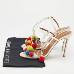 Pre Owned Aquazzura White Raffia And Leather Disco Thing Ankle Wrap Sandals Size 40