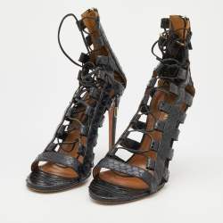 Aquazzura Black Python Leather Amazon Lace Up Open Toe Sandals Size 40