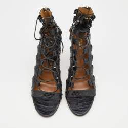 Aquazzura Black Python Leather Amazon Lace Up Open Toe Sandals Size 40