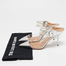 Pre Owned Aquazzura Silver Leather and PVC Optic Pointed-Toe Mules Size 40