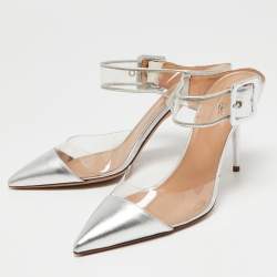 Pre Owned Aquazzura Silver Leather and PVC Optic Pointed-Toe Mules Size 40