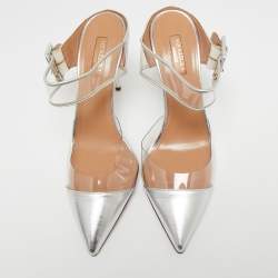 Pre Owned Aquazzura Silver Leather and PVC Optic Pointed-Toe Mules Size 40