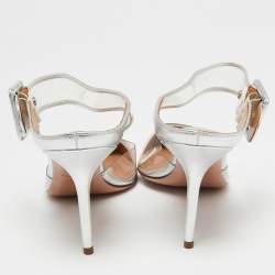 Pre Owned Aquazzura Silver Leather and PVC Optic Pointed-Toe Mules Size 40