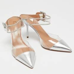 Pre Owned Aquazzura Silver Leather and PVC Optic Pointed-Toe Mules Size 40