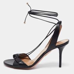 Pre Owned Aquazzura Black Leather Knotted Bow Slingback Ankle Tie Sandals Size 37.5