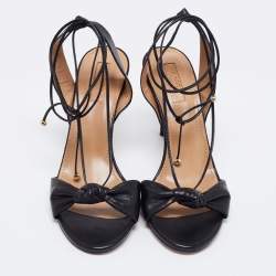 Pre Owned Aquazzura Black Leather Knotted Bow Slingback Ankle Tie Sandals Size 37.5
