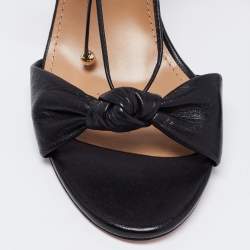 Pre Owned Aquazzura Black Leather Knotted Bow Slingback Ankle Tie Sandals Size 37.5