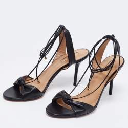 Pre Owned Aquazzura Black Leather Knotted Bow Slingback Ankle Tie Sandals Size 37.5