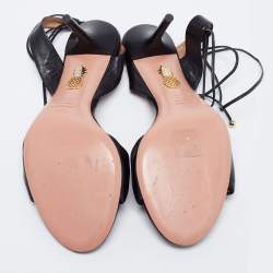 Pre Owned Aquazzura Black Leather Knotted Bow Slingback Ankle Tie Sandals Size 37.5