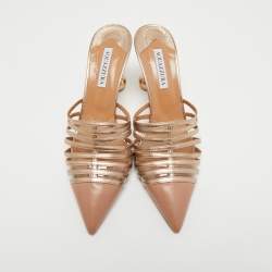 Pre Owned Aquazzura Beige/Metallic Gold Leather Le Parisien Mules Size 41