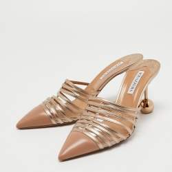 Pre Owned Aquazzura Beige/Metallic Gold Leather Le Parisien Mules Size 41