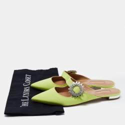 Pre Owned Aquazzura Green Canvas Crystal Embellished Pointed Toe Flat Mules Size 37.5