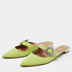 Pre Owned Aquazzura Green Canvas Crystal Embellished Pointed Toe Flat Mules Size 37.5