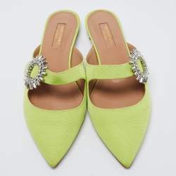 Pre Owned Aquazzura Green Canvas Crystal Embellished Pointed Toe Flat Mules Size 37.5