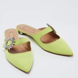 Pre Owned Aquazzura Green Canvas Crystal Embellished Pointed Toe Flat Mules Size 37.5