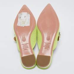 Pre Owned Aquazzura Green Canvas Crystal Embellished Pointed Toe Flat Mules Size 37.5
